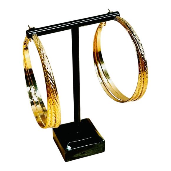 Large Hoop Earrings Gold Tone Gunmetal Silver Tone Two Pair - Picture 2 of 5